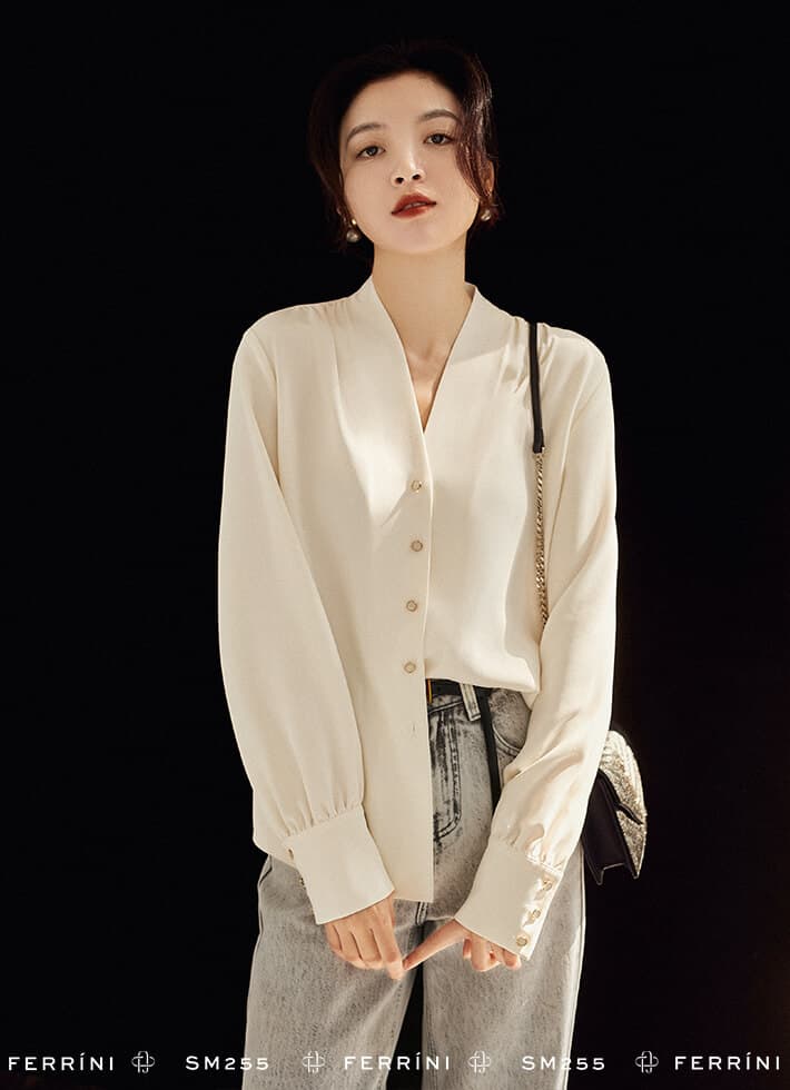 Áo sơ mi cổ V tay lỡ dáng ôm