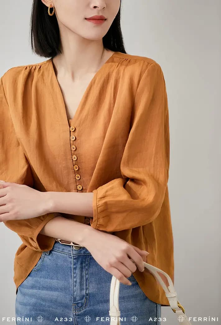 Áo linen cổ V tay phồng dáng rộng