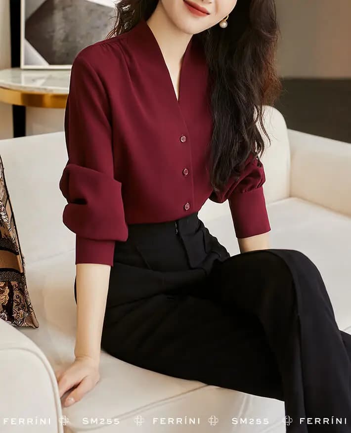 Áo sơ mi cổ V tay lỡ dáng ôm