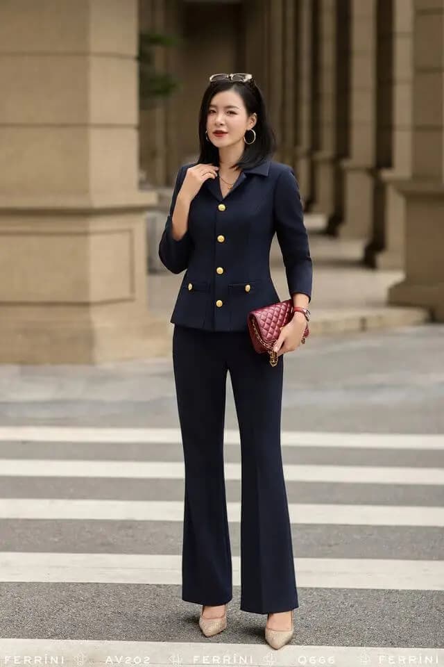 Áo vest tay lỡ cổ bẻ nhiều cúc vàng dáng peplum màu navy