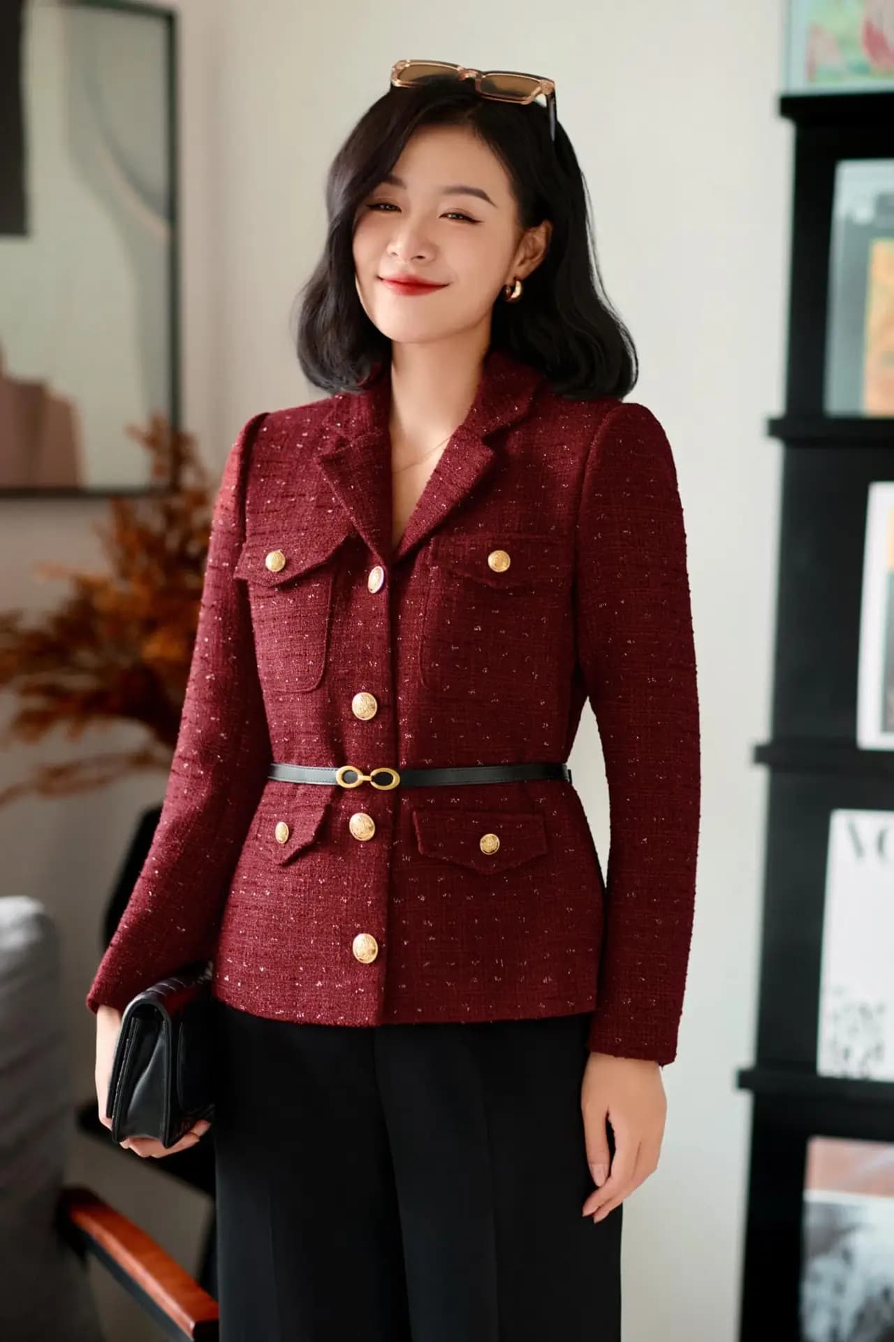 Áo vest tweed cổ vest đôi hàng cúc vàng nhiều túi màu đỏ rượu