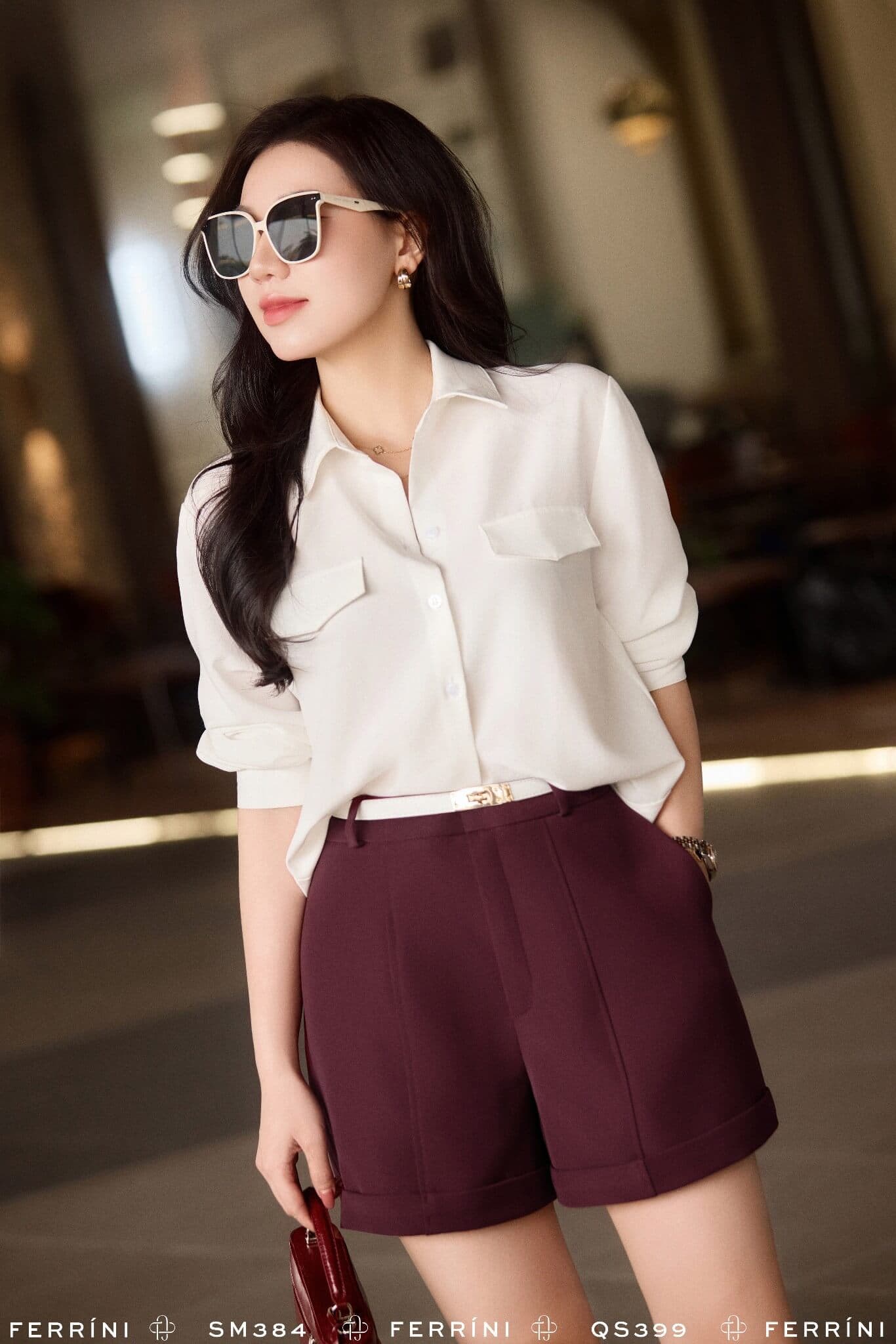 Quần short cạp cao gấu lai màu đỏ rượu