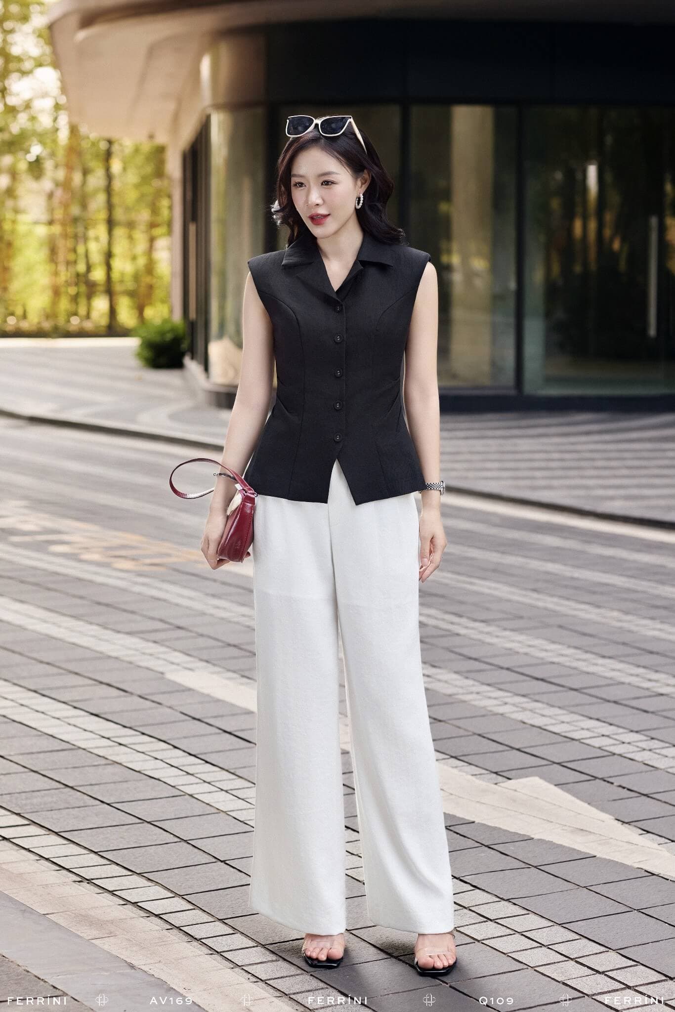 Áo vest không tay cổ bẻ cài nút dáng ôm