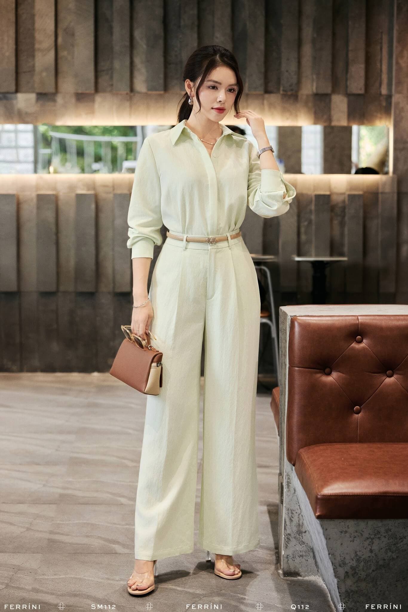 Set bộ sơ mi dài tay và quần ống rộng tông xanh mint