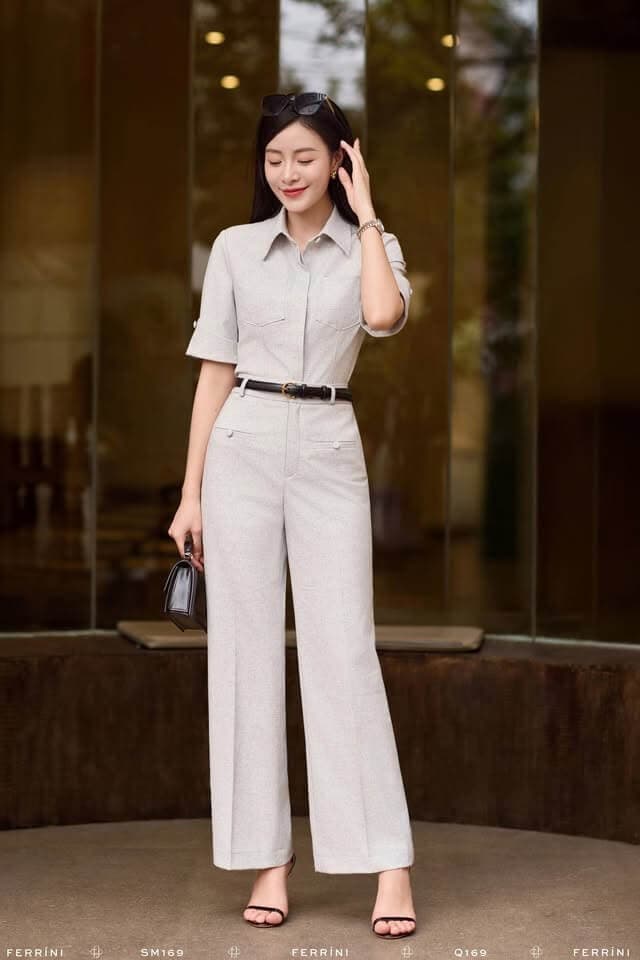 Set bộ sơ mi tay ngắn hai túi và quần ống rộng linen