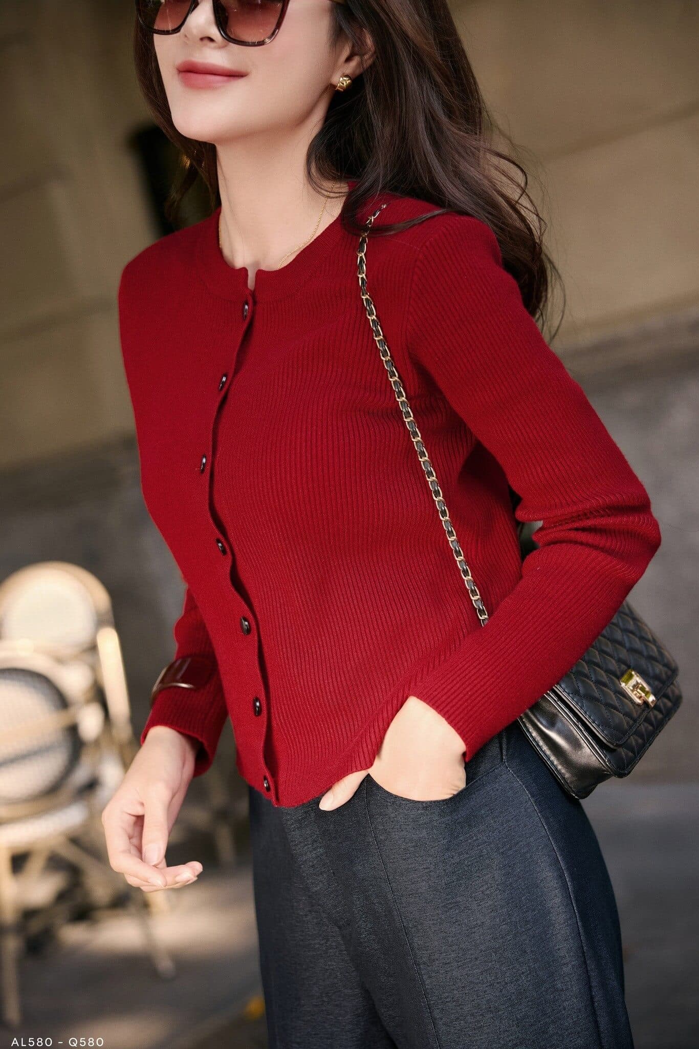 Áo len cardigan dệt kim cổ tròn cài nút