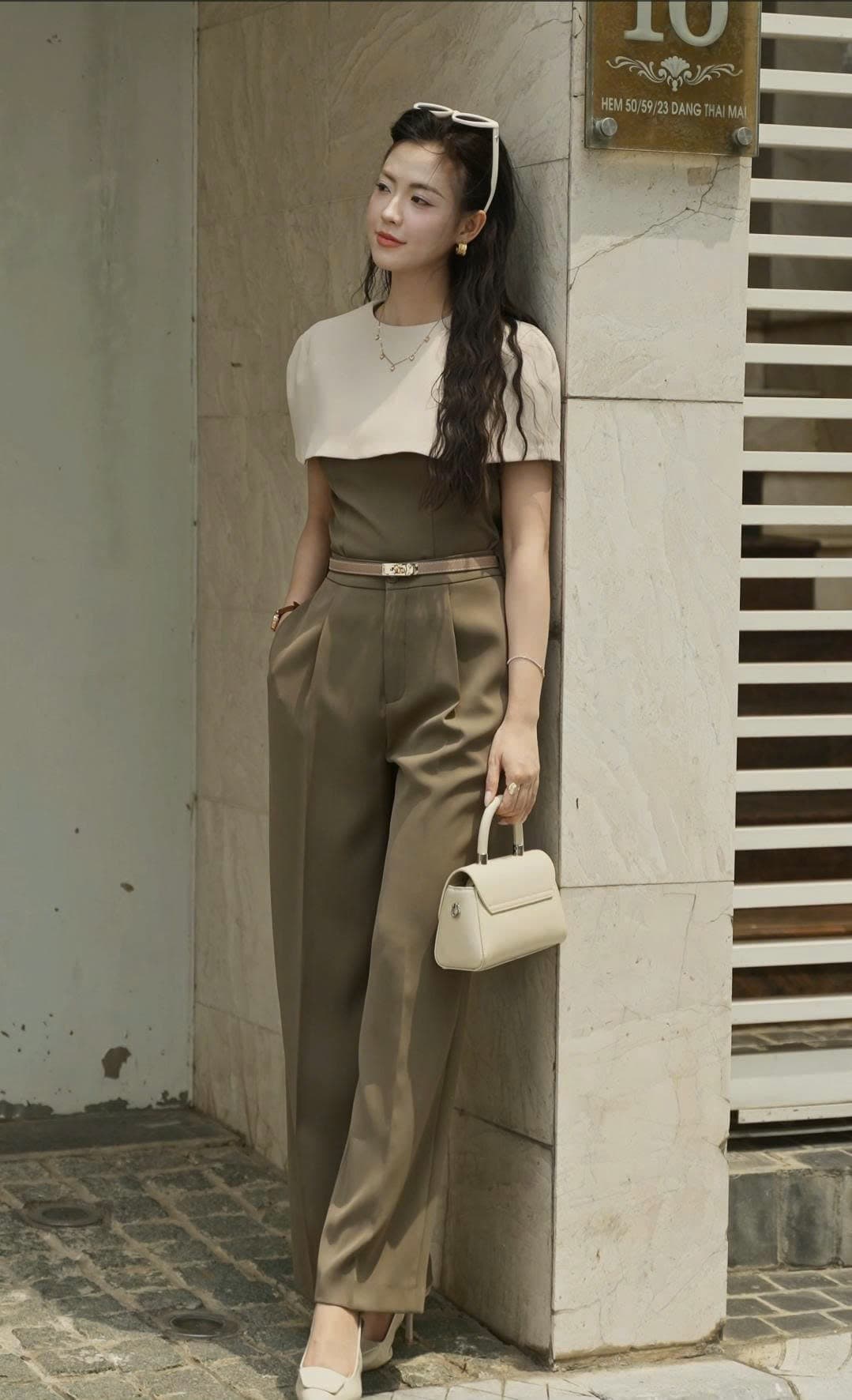 Quần ống rộng cạp cao ly trước màu rêu