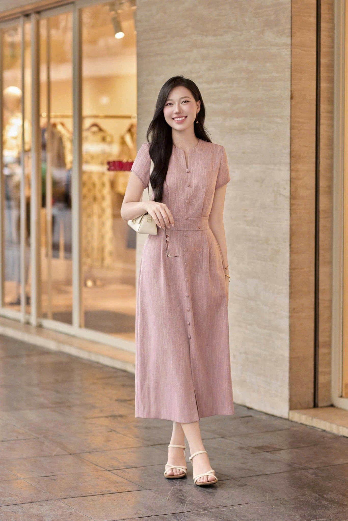 Váy sơ mi công sở cổ đức cúc bọc