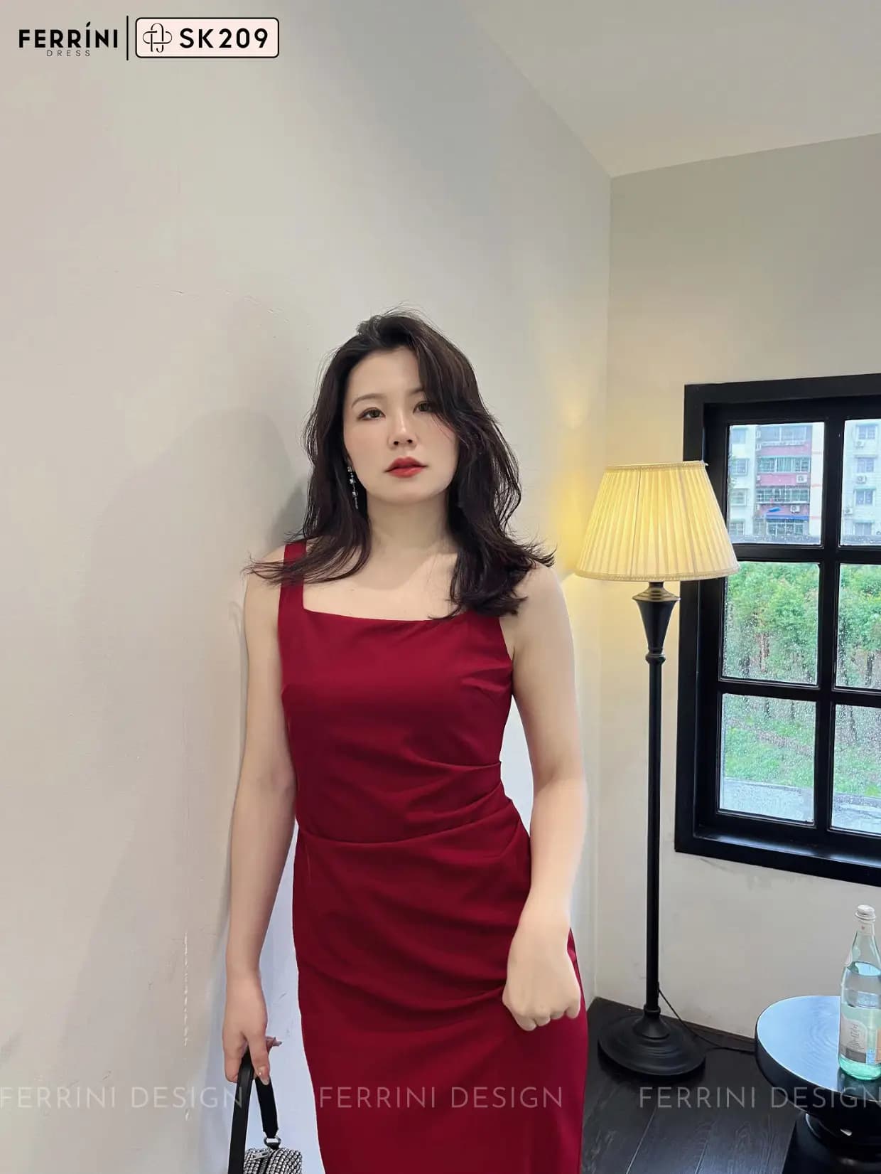 Váy đầm hai dây cổ vuông dáng ôm nhún eo