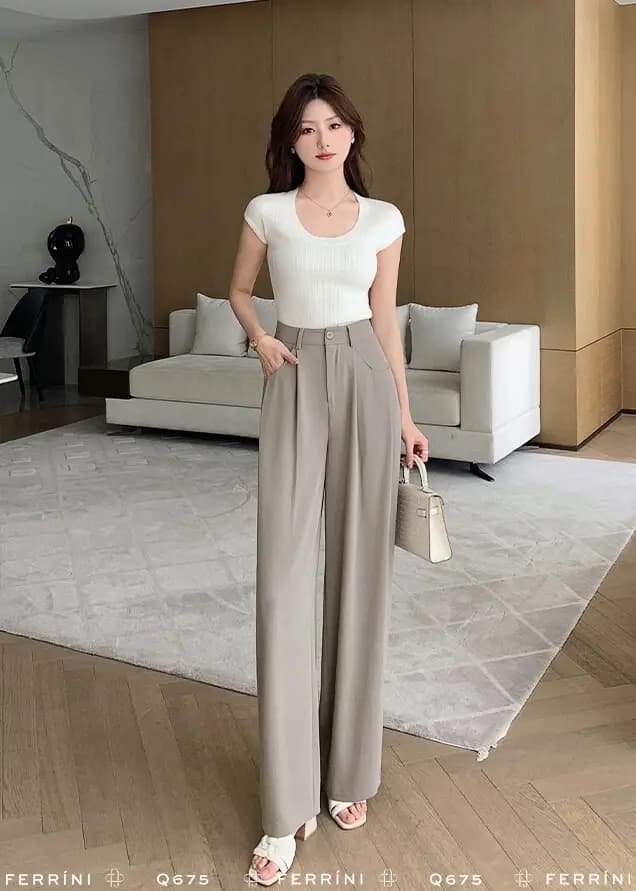 Quần ống rộng vải mềm cạp cao xếp ly