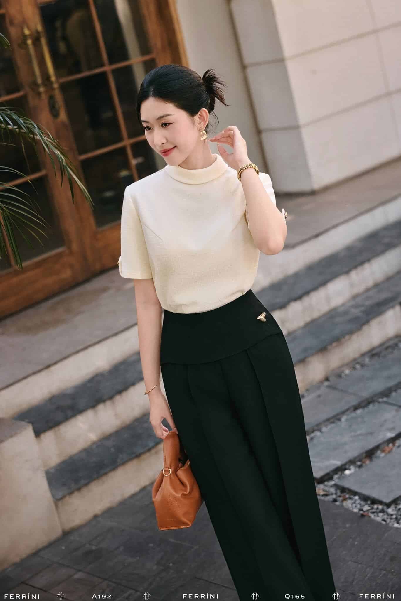 Áo kiểu tweed cổ lọ tay ngắn dáng suôn