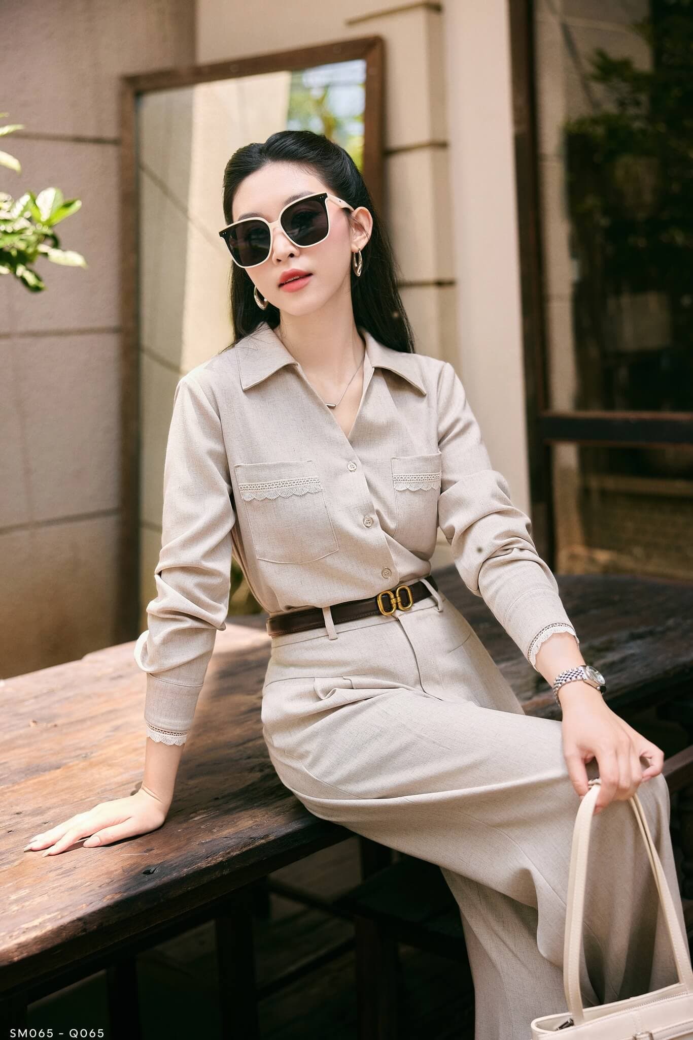Áo sơ mi HONGSIL dài tay hai túi ngực viền ren