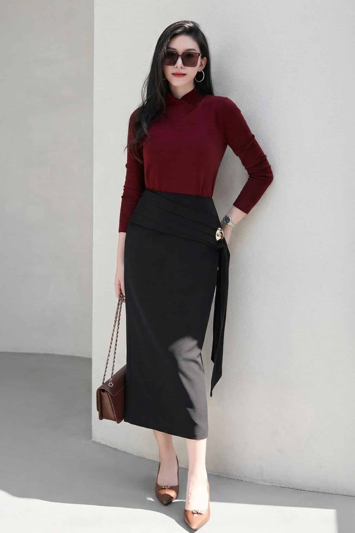 Chân váy midi quấn thắt nơ bên hông màu đen