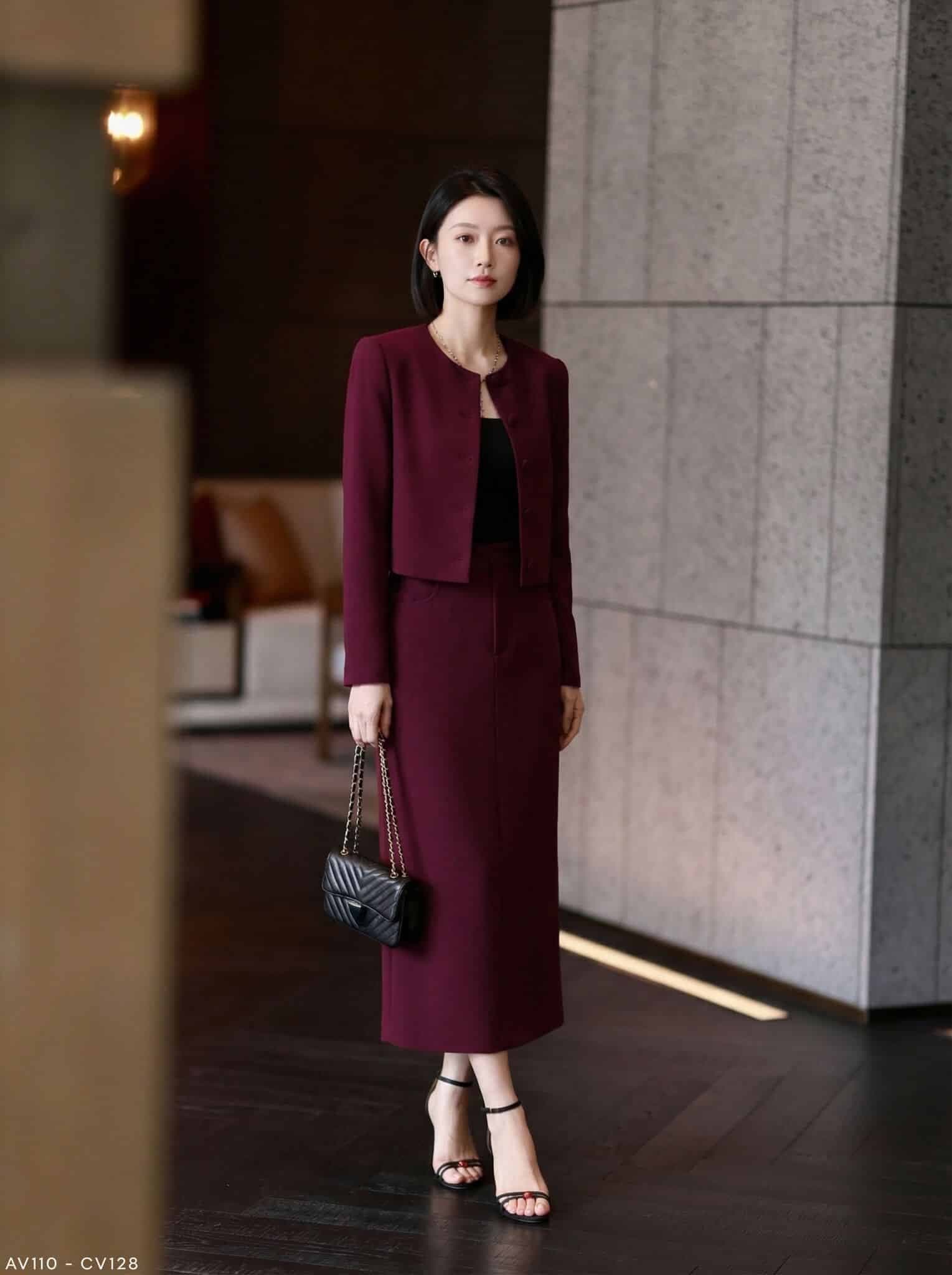 Áo vest croptop cổ tròn không ve màu đỏ rượu