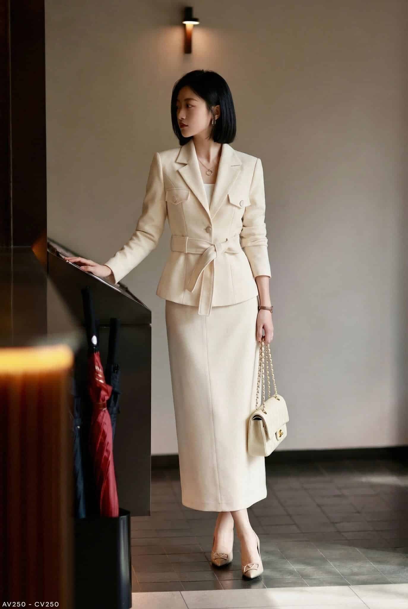 Áo vest thắt đai eo túi hộp màu kem